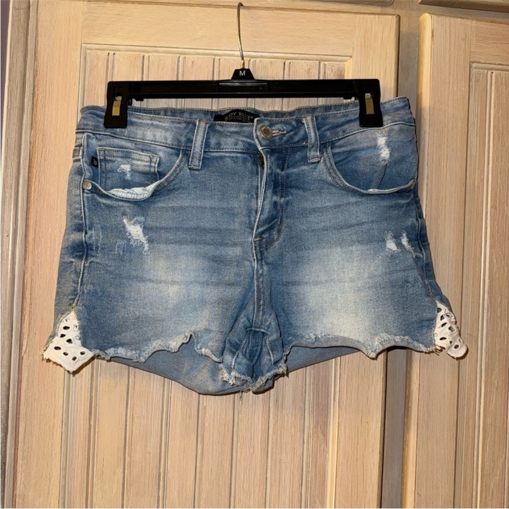 Judy Blue Distressed Denim Shorts with Lace Trim